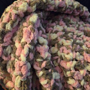 Large King Size Hand-Crocheted Chenille Blanket – Pink, Cream, & Brown